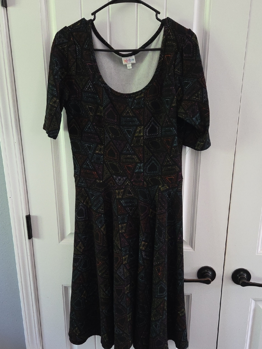 LuLaRoe Black Geometric Midi Dress with Multicolor Accents